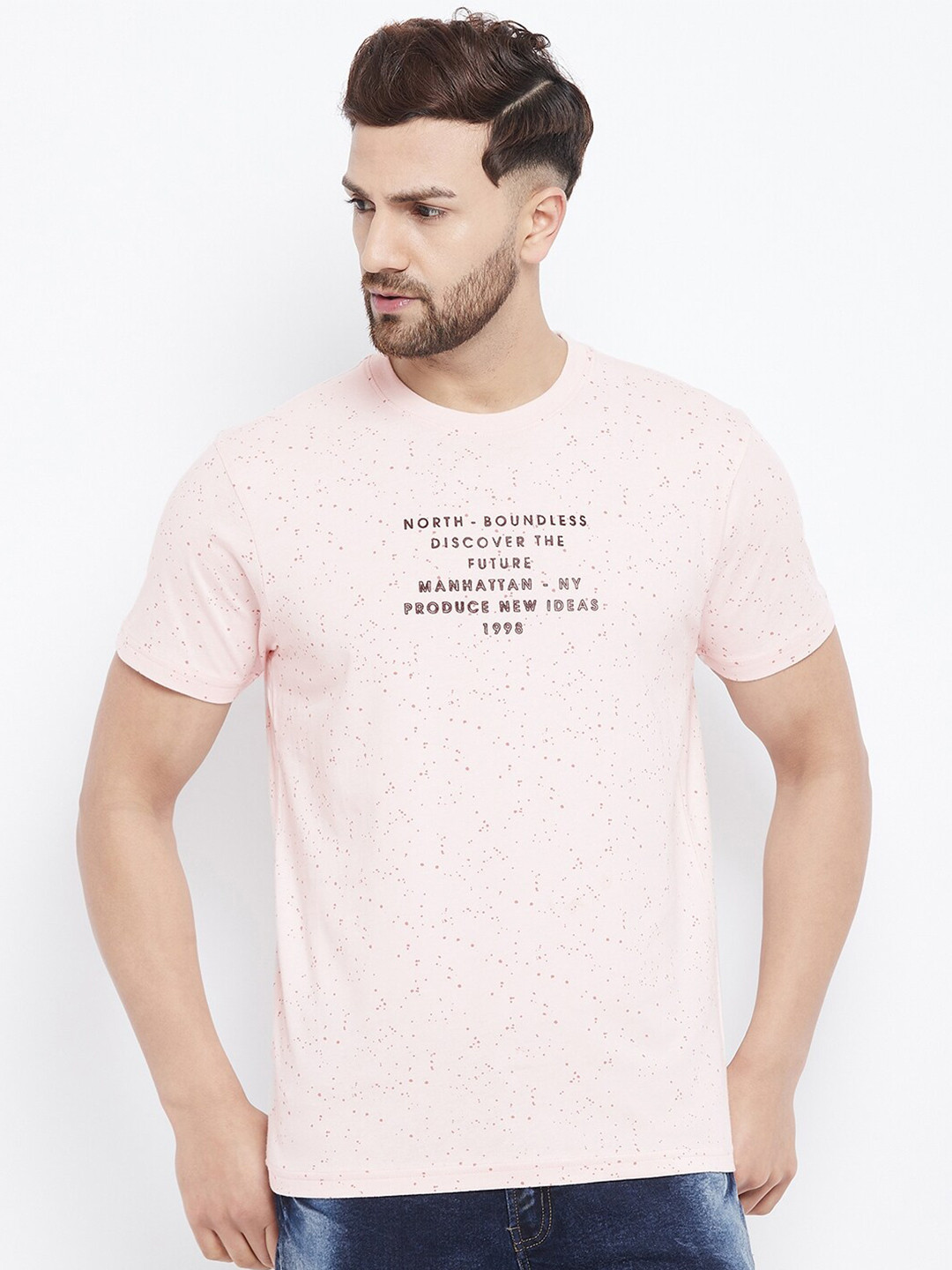 

98 Degree North Men Pink & Brown Printed Round Neck T-shirt