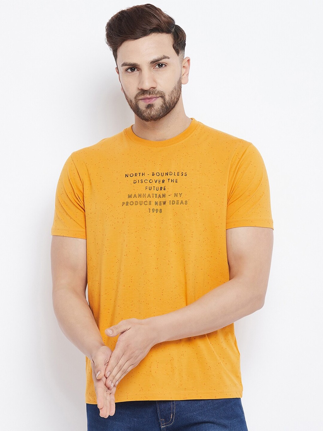 

98 Degree North Men Mustard Yellow Typography Printed Regular Fit T-shirt