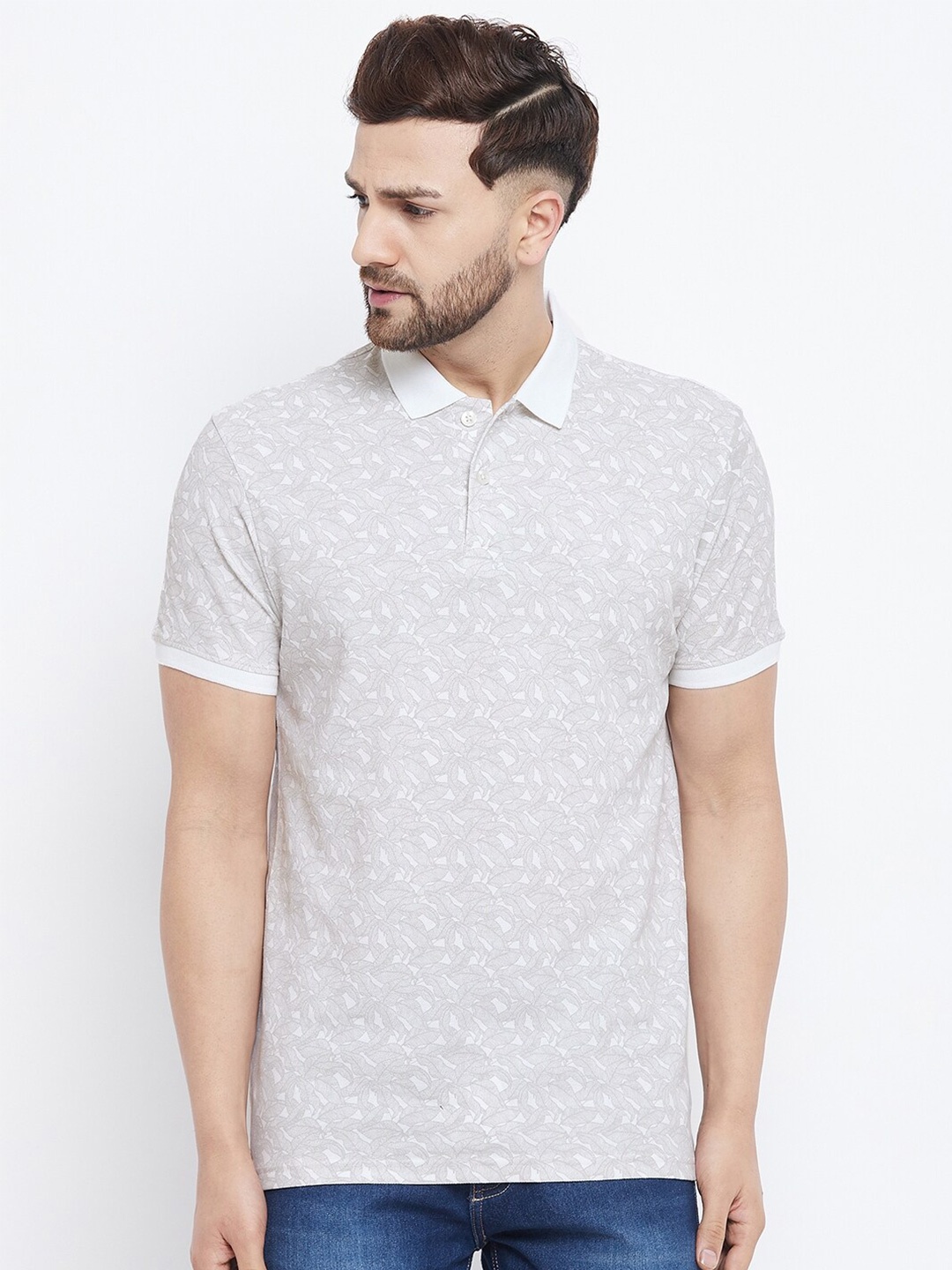 

98 Degree North Men White & Grey Printed Polo Collar T-shirt