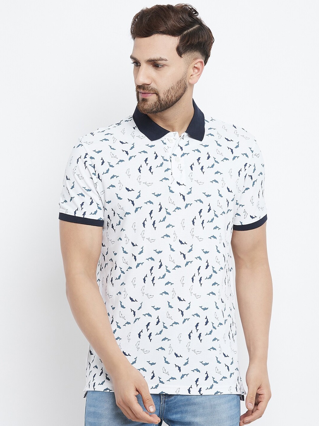 

98 Degree North Men White Graphic Printed Regular-Fit Polo Collar T-shirt