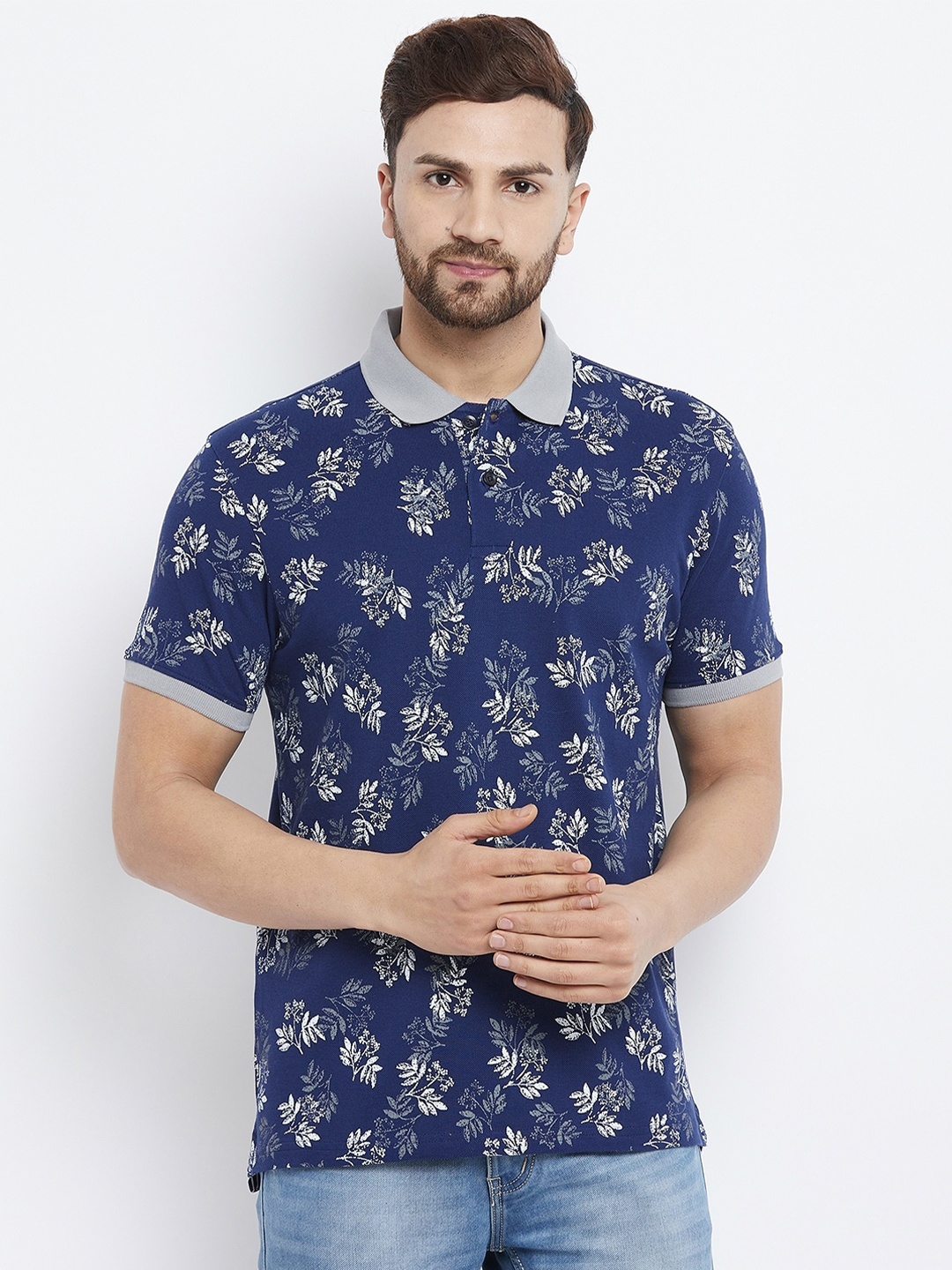 

98 Degree North Men Blue Floral Printed Polo Collar Tropical T-shirt