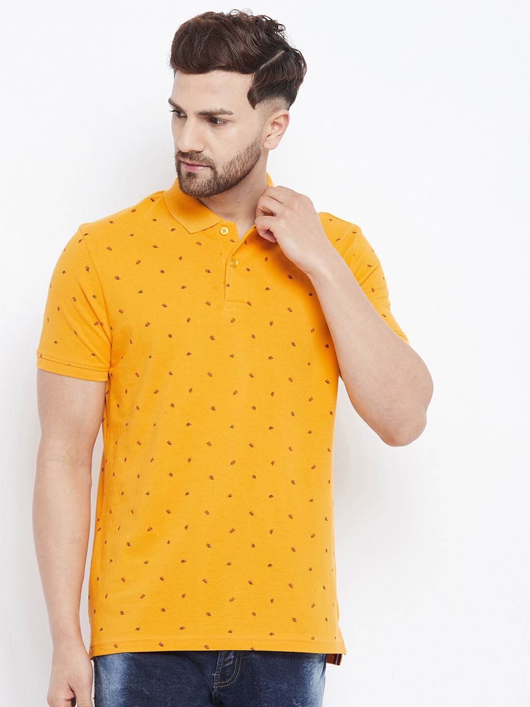 

98 Degree North Men Mustard Yellow Printed Polo Collar T-shirt