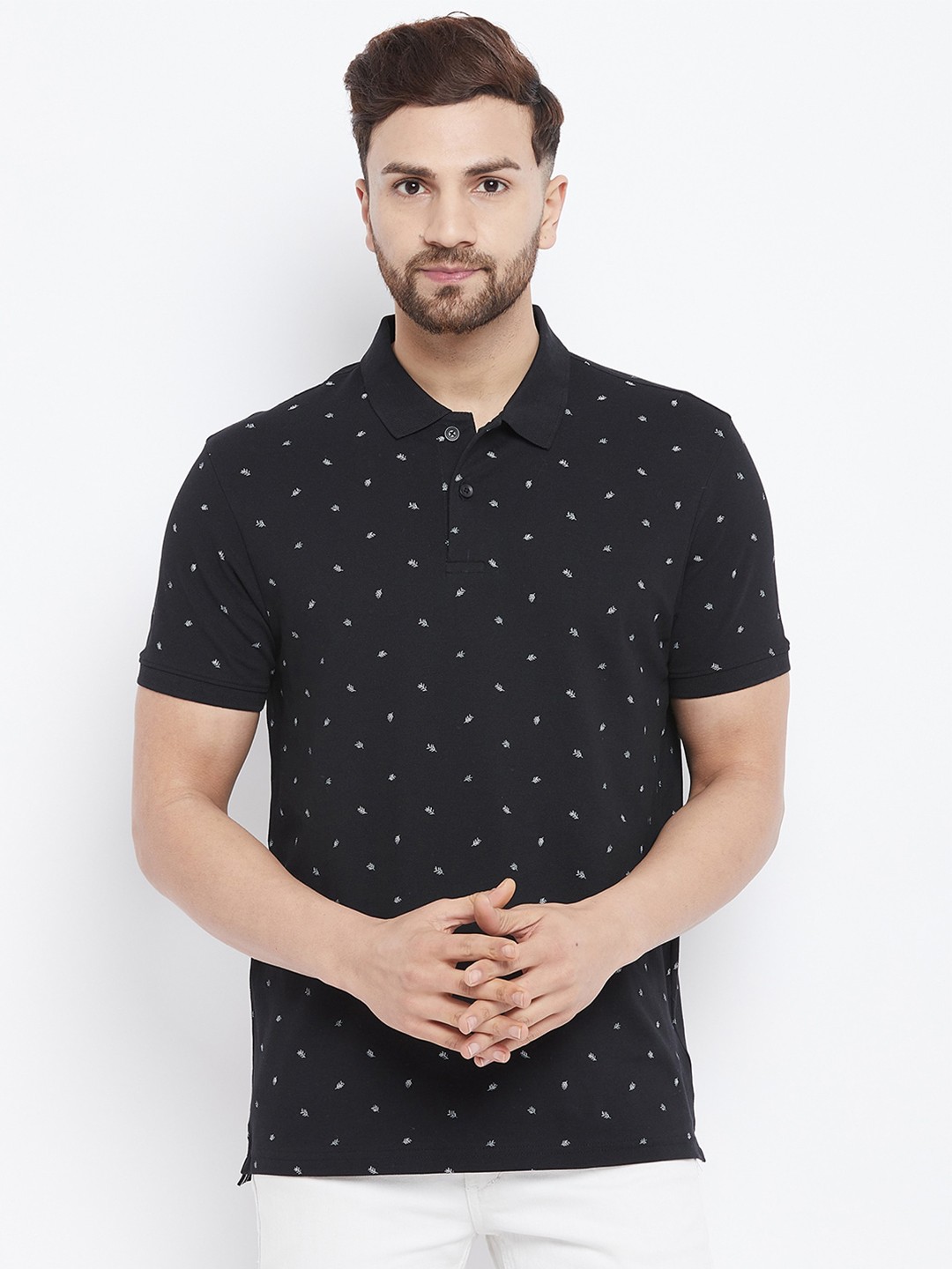 

98 Degree North Men Black & White Printed Polo Collar T-shirt