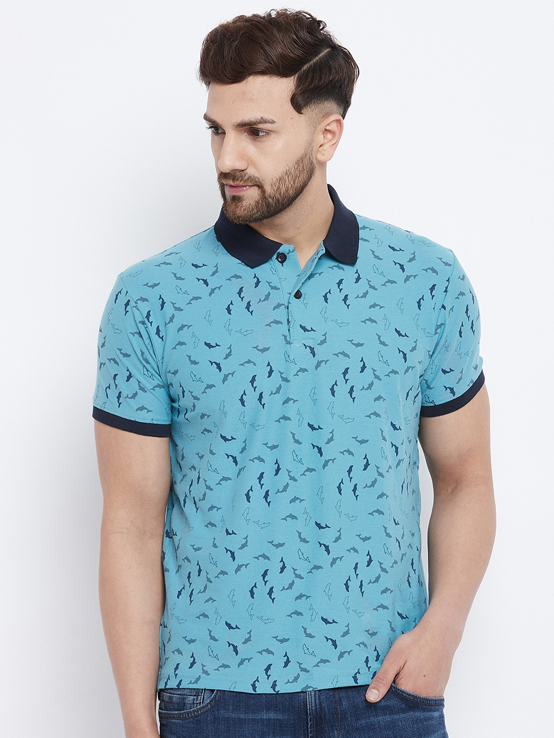 

98 Degree North Men Blue Printed Polo Collar Regular Fit T-shirt