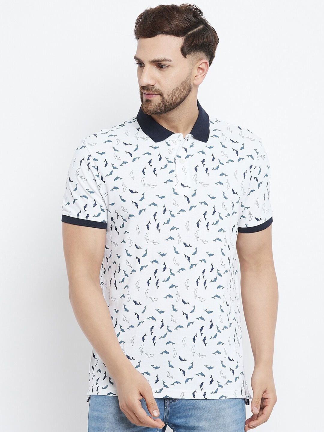 

98 Degree North Men White Printed Polo Collar T-shirt