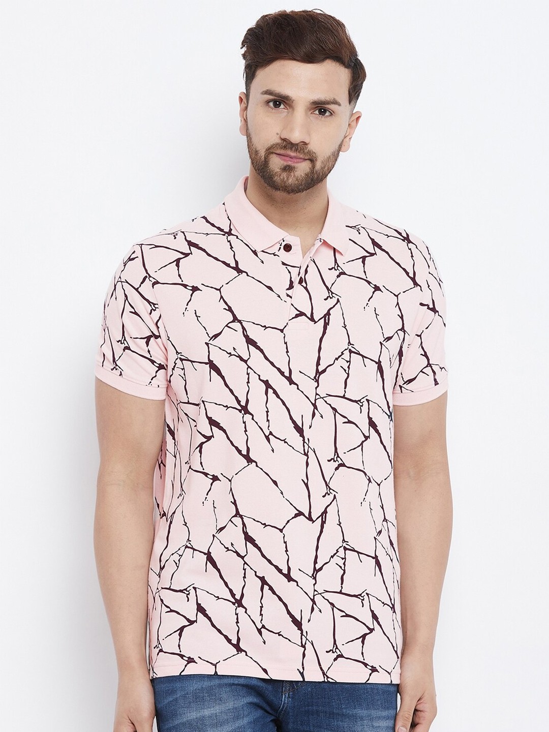

98 Degree North Men Pink & Brown Printed Polo Collar T-shirt