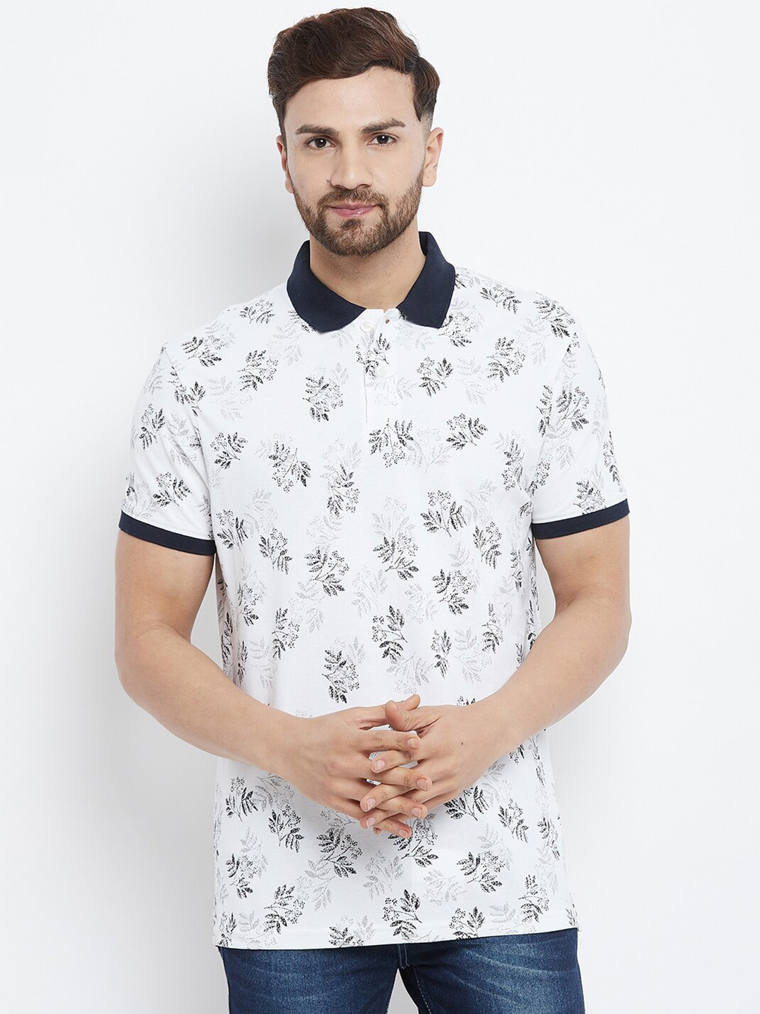 

98 Degree North Men Plus Size White Floral Printed Polo Collar T-shirt