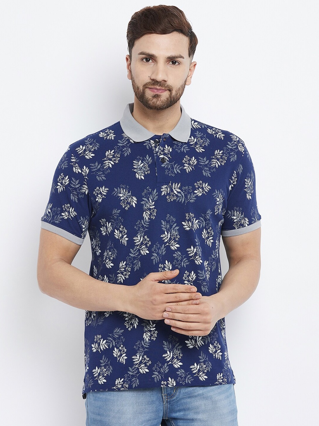

98 Degree North Men Blue Floral Printed Polo Collar T-shirt