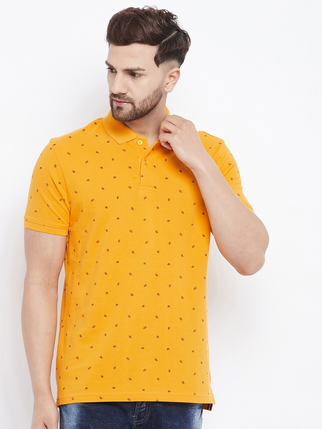 

98 Degree North Men Mustard Yellow & Blue Printed Polo Collar T-shirt