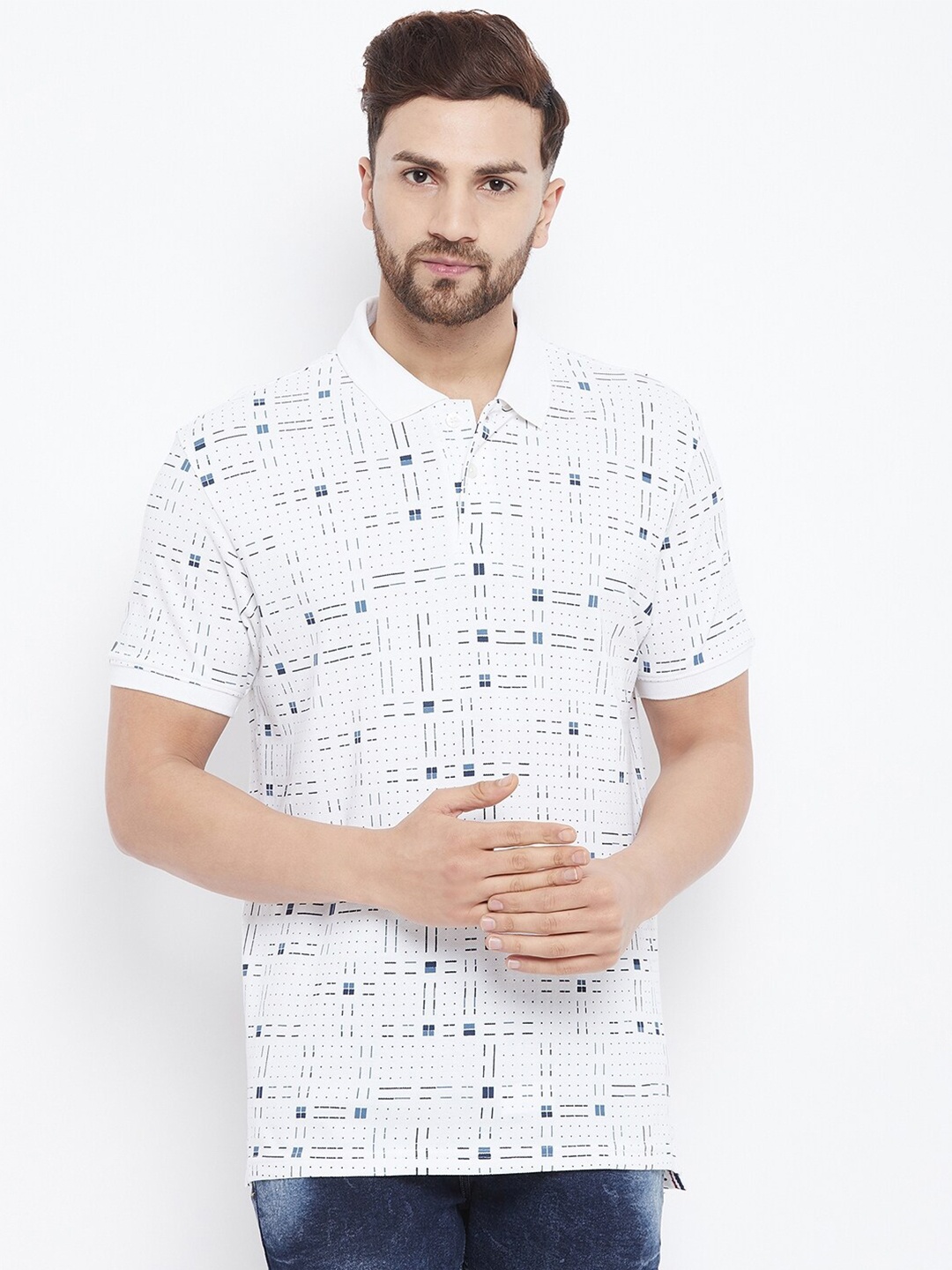 

98 Degree North Men White & Blue Printed Polo Collar T-shirt