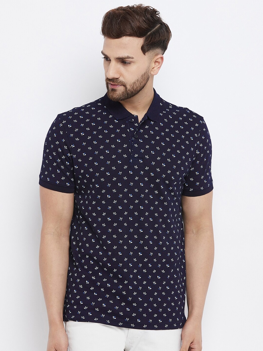 

98 Degree North Men Navy Blue Printed Polo Collar T-shirt