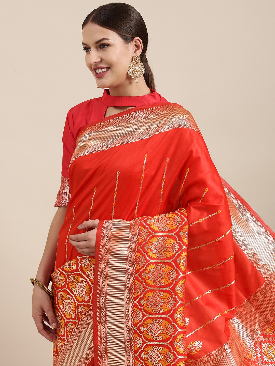 

Saree mall Red & Silver Ethnic Motifs Silk Blend Sarees
