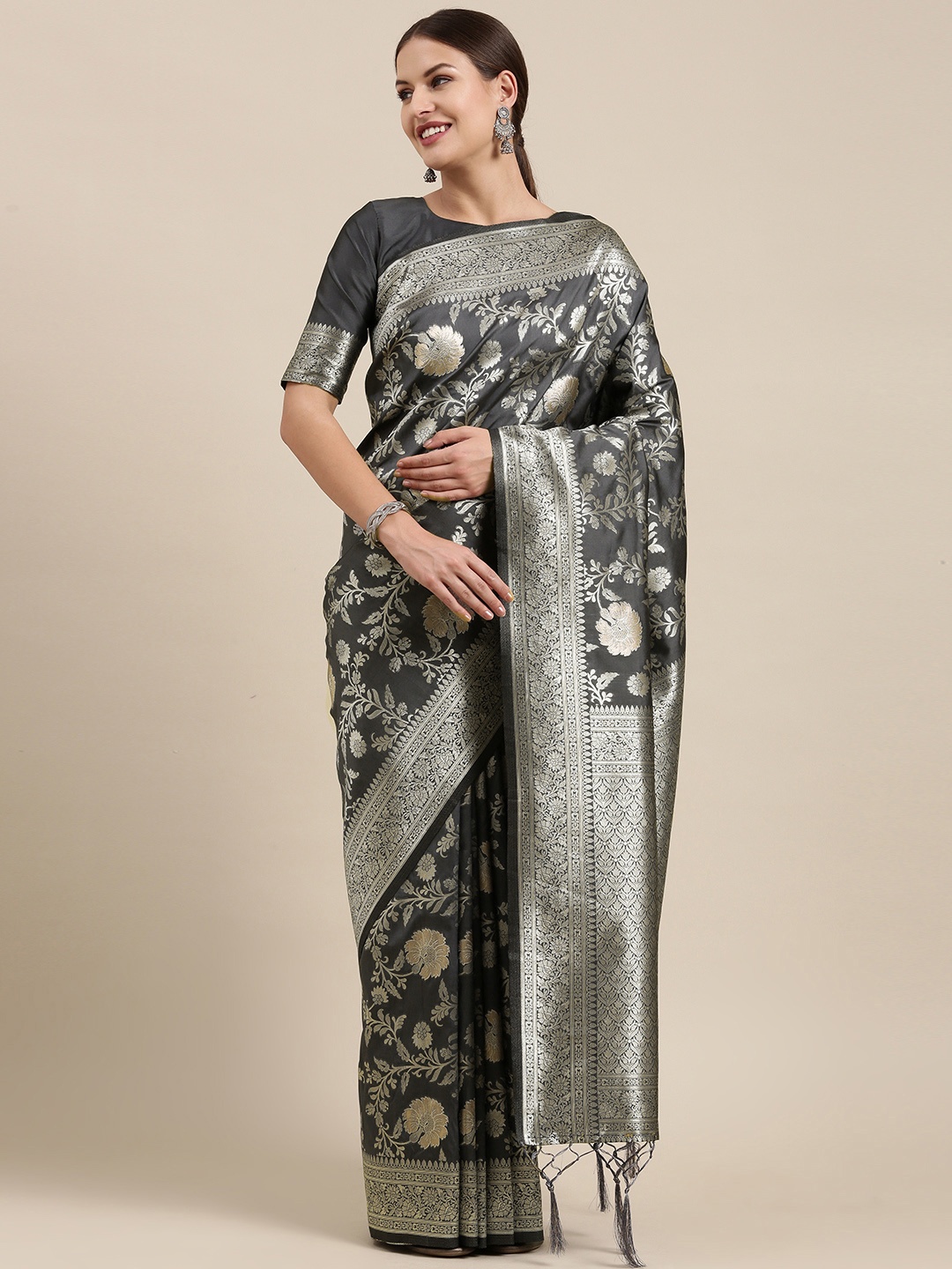 

Saree mall Grey Floral Silk Blend Sarees, Charcoal