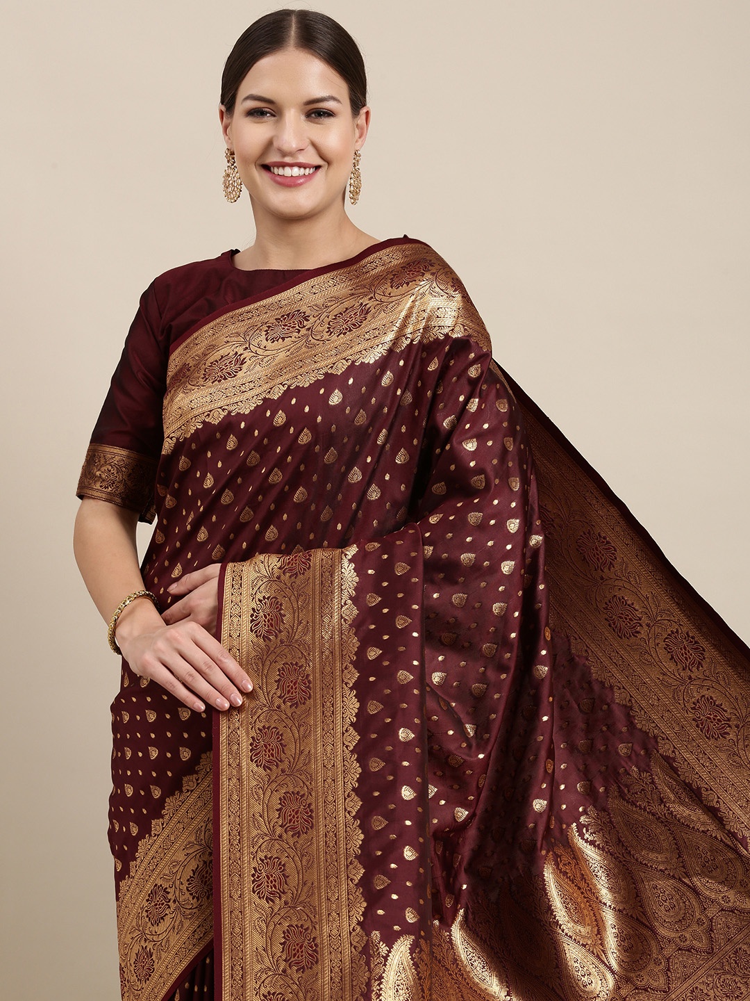 

Saree mall Maroon & Golden Ethnic Motifs Silk Blend Sarees