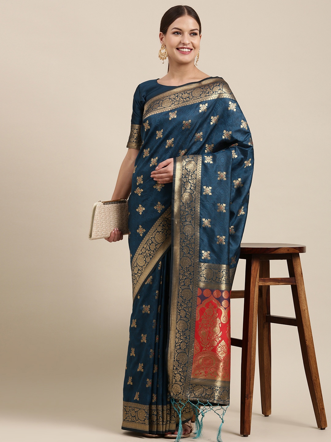 

Saree mall Teal Floral Silk Blend Sarees, Blue