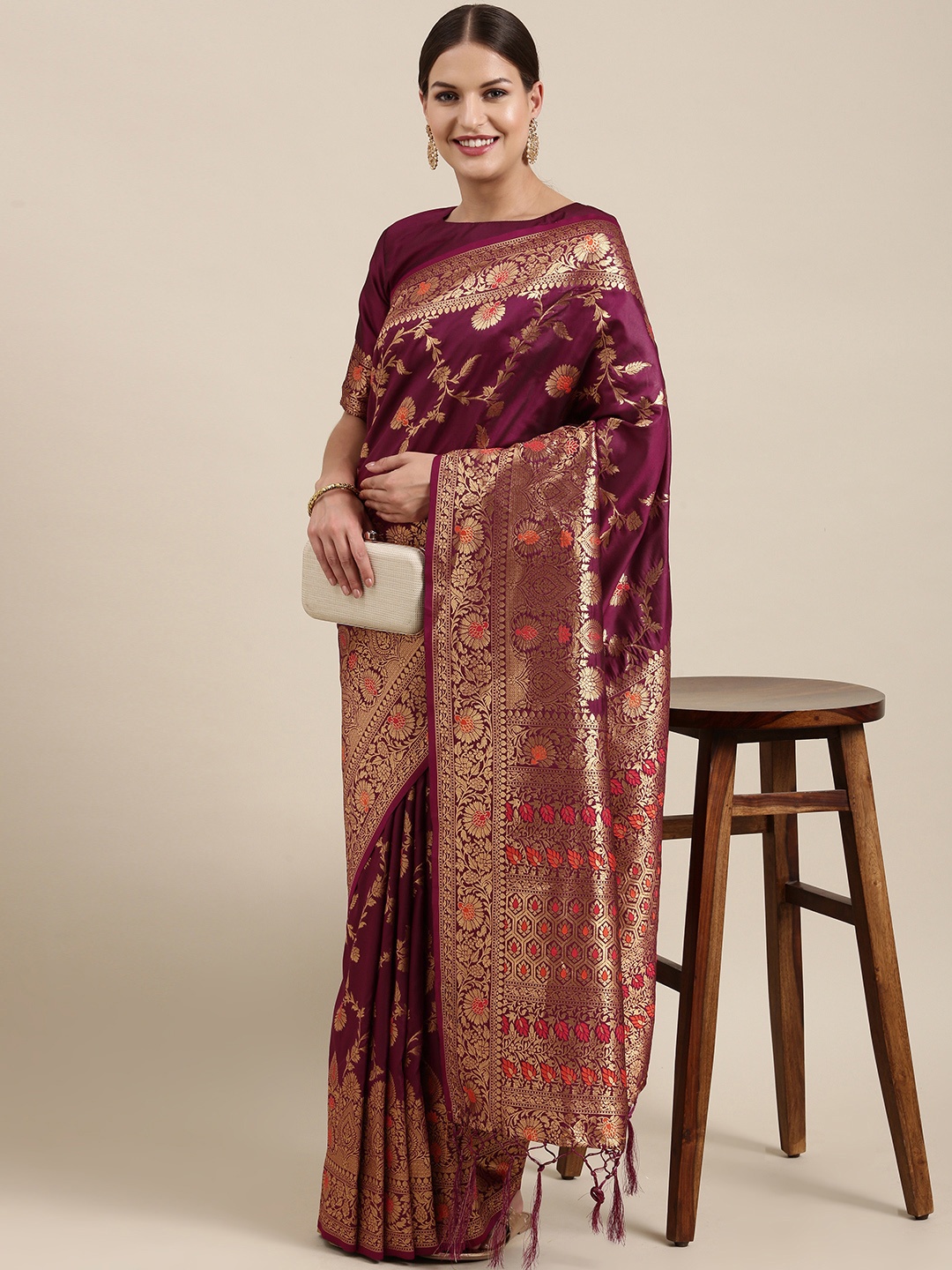 

Saree mall Purple & Gold-Toned Floral Silk Blend Sarees