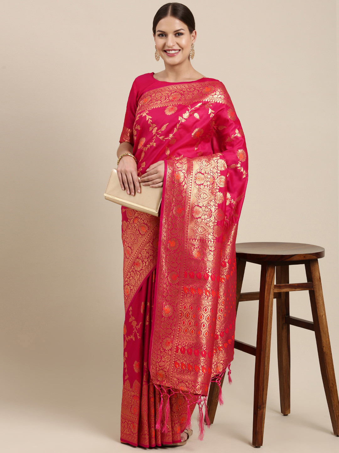

Saree mall Pink & Gold-Toned Ethnic Motifs Silk Blend Sarees
