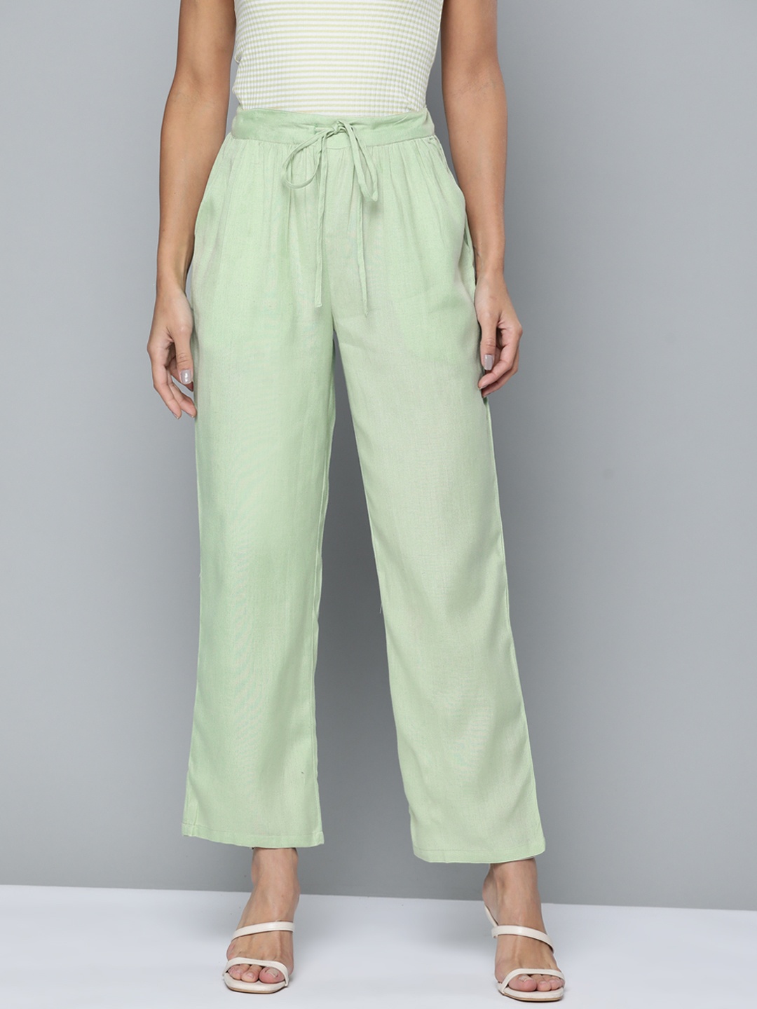 

HERE&NOW Women Green Solid Wide Leg Palazzos