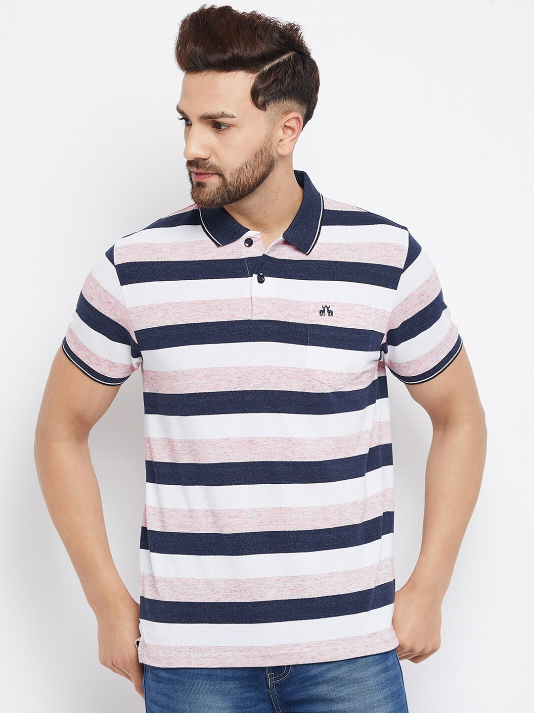 

98 Degree North Men Blue Striped Regular Fit T-shirt