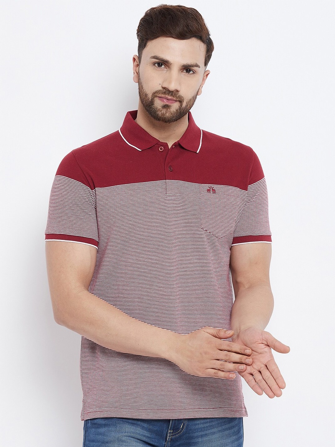 

98 Degree North Men Maroon Striped Polo Collar T-shirt
