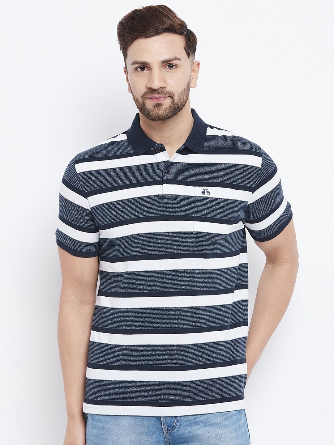 

98 Degree North Men Navy Blue & White Striped Polo Collar Regular Fit T-shirt