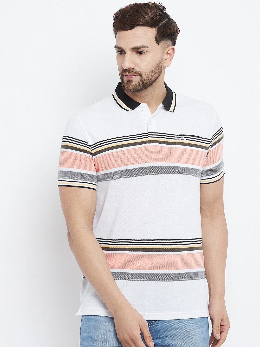 

98 Degree North Men White & Grey Striped Polo Collar T-shirt