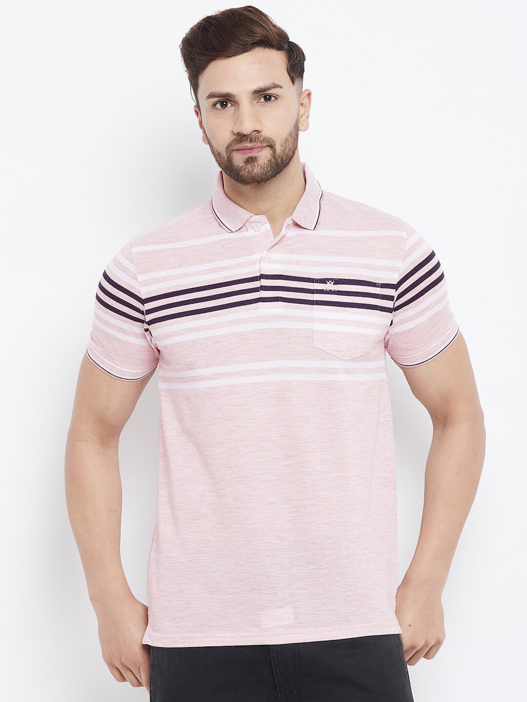 

98 Degree North Men Pink & Black Striped Polo Collar T-shirt