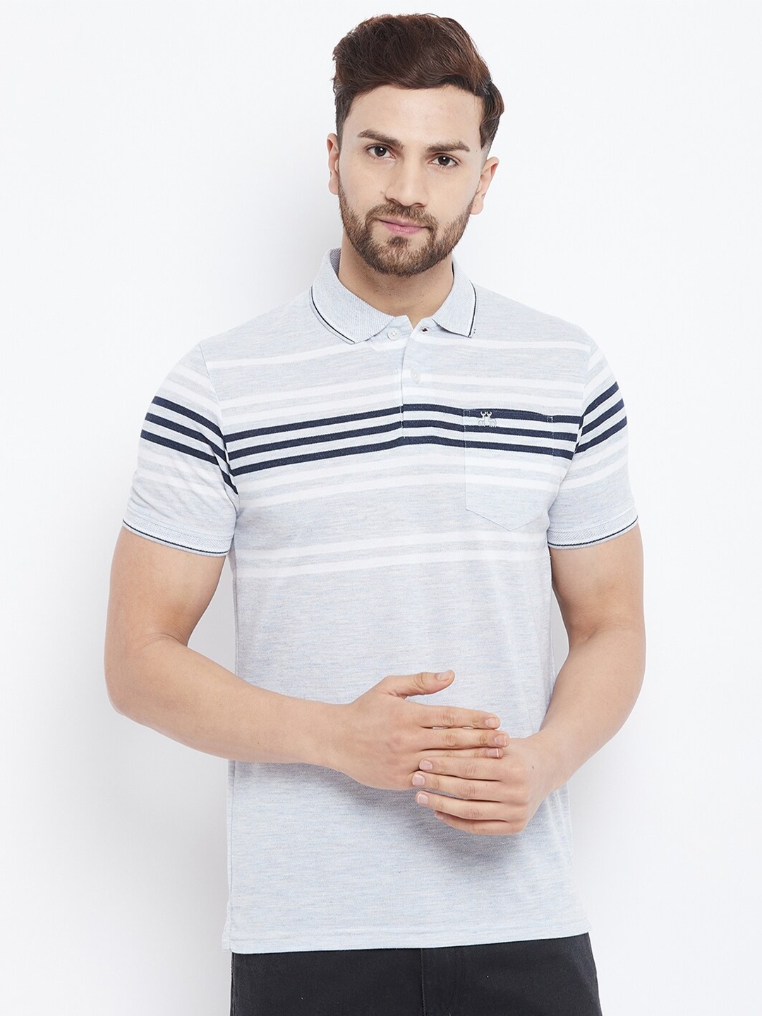 

98 Degree North Men Blue & White Striped Polo Collar Regular Fit T-shirt