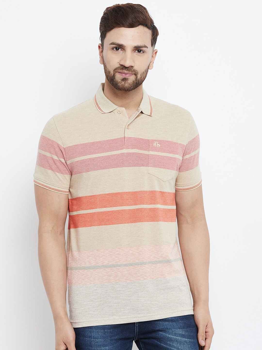 

98 Degree North Men Beige & Orange Striped Polo Collar T-shirt