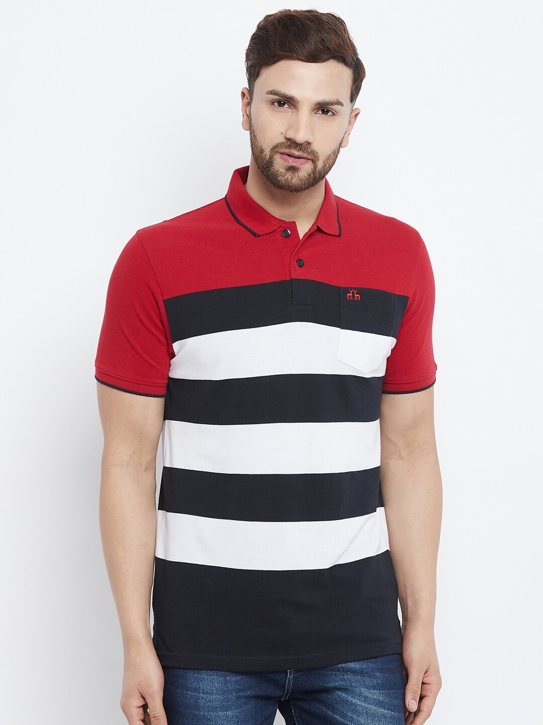 

98 Degree North Men Red & Black Colourblocked Polo Collar Regular Fit T-shirt