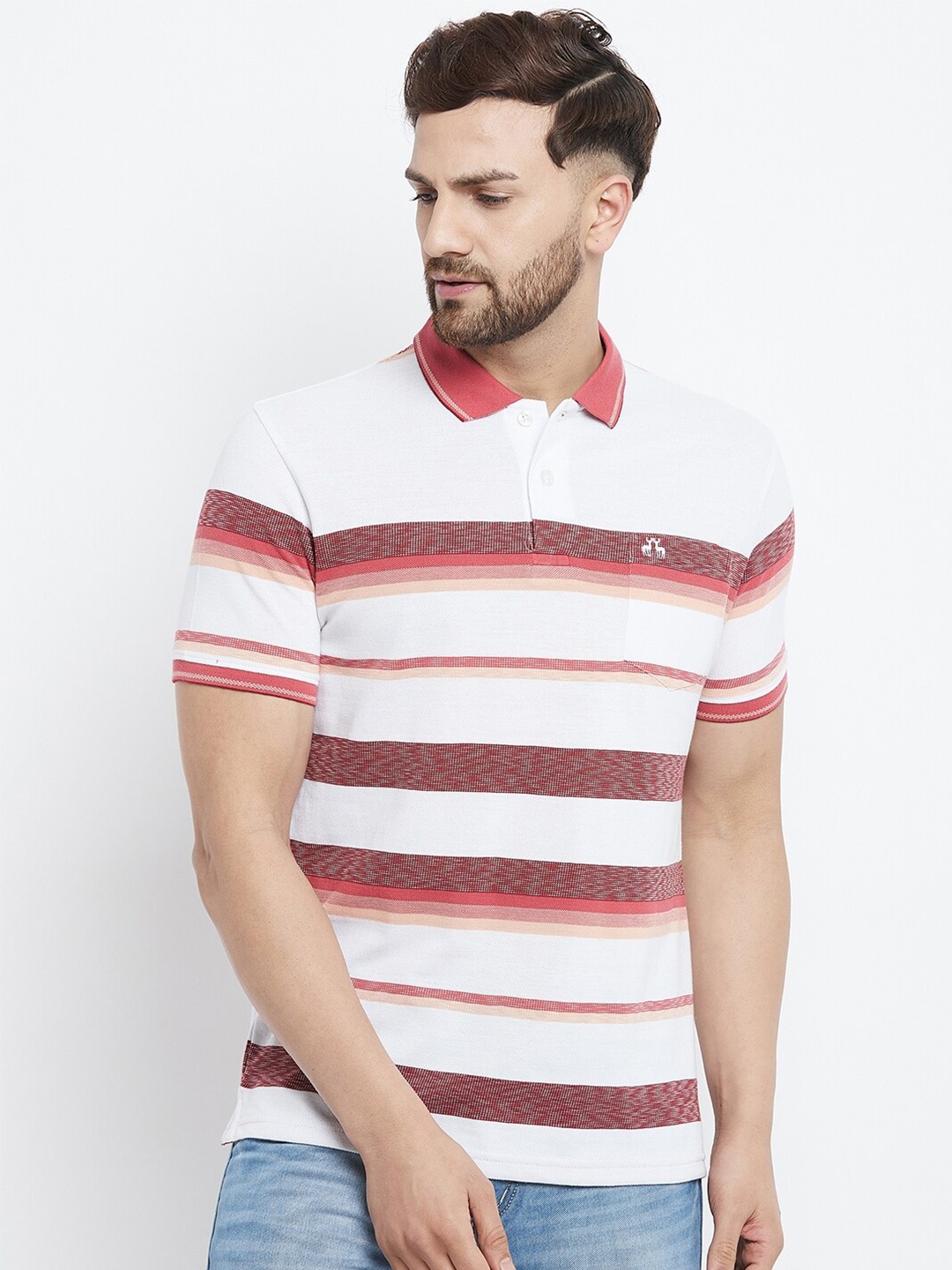

98 Degree North Men Plus Size Red Striped Polo Collar Regular Fit T-shirt