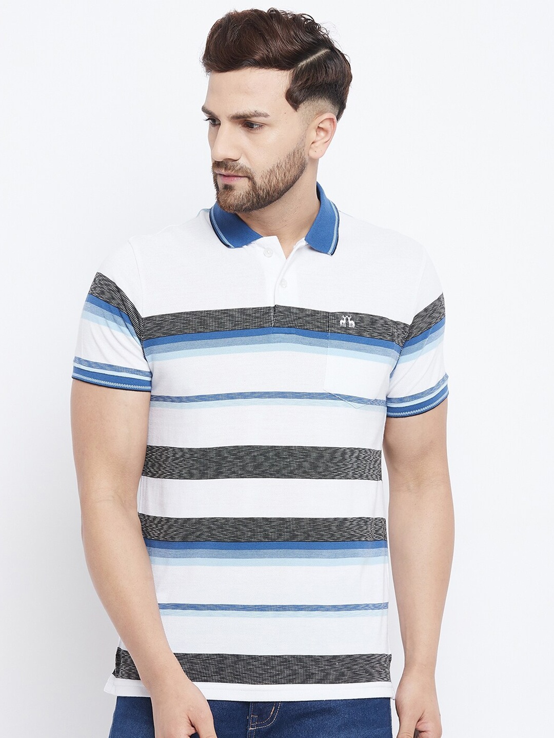 

98 Degree North Men Blue & White Striped Polo Collar T-shirt