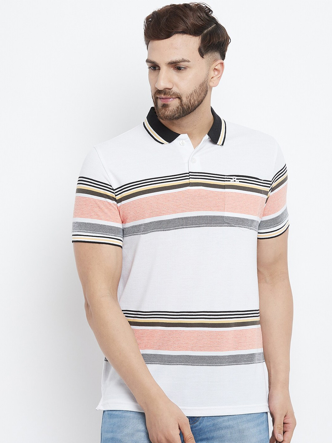 

98 Degree North Men White Striped Polo Collar T-shirt
