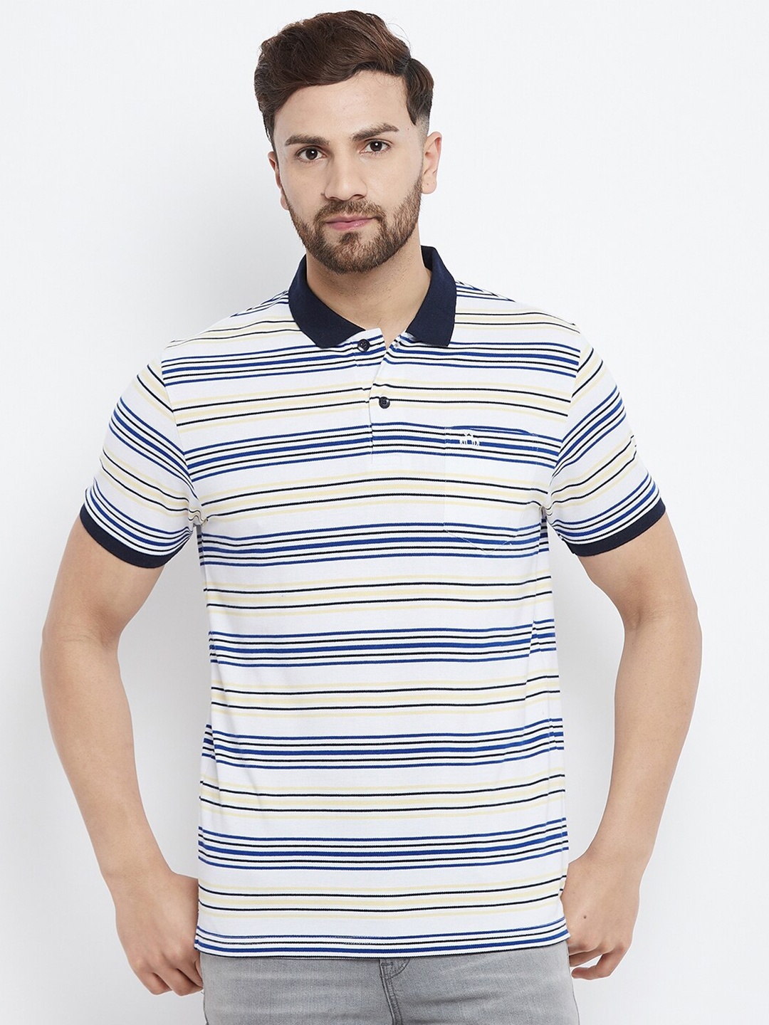 

98 Degree North Men White & Navy Blue Striped Polo Collar T-shirt