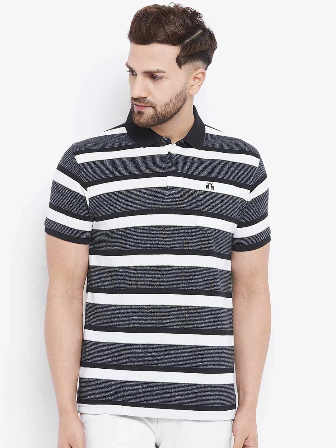 

98 Degree North Men Black Striped Polo Collar Regular Fit T-shirt