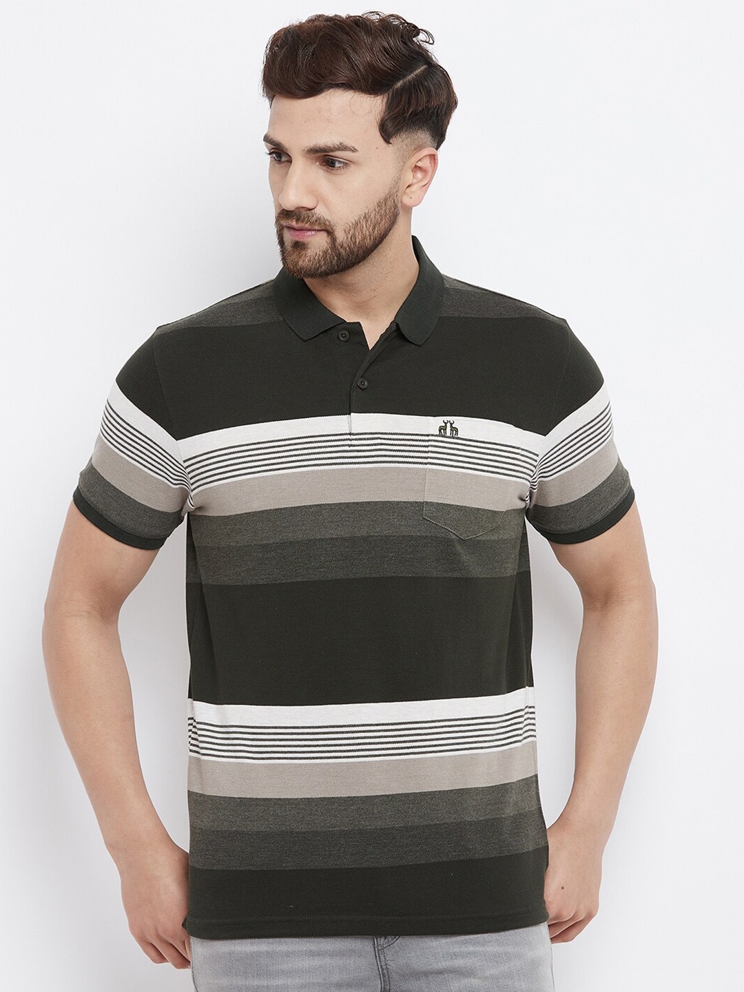 

98 Degree North Men Plus Size Olive Green Striped Polo Collar Regular Fit T-shirt
