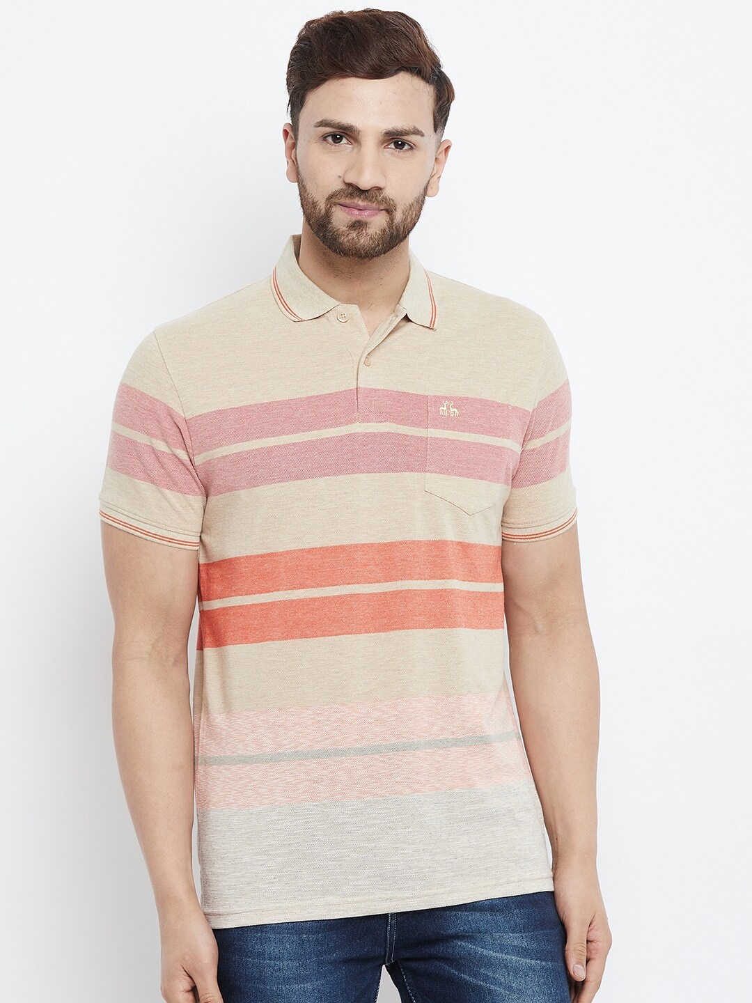 

98 Degree North Men Beige & Red Striped Polo Collar T-shirt