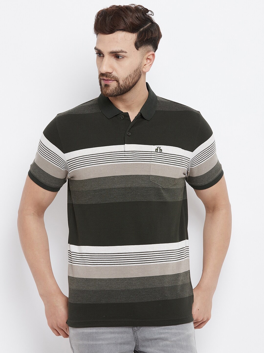 

98 Degree North Men Olive Green & White Striped Polo Collar T-shirt