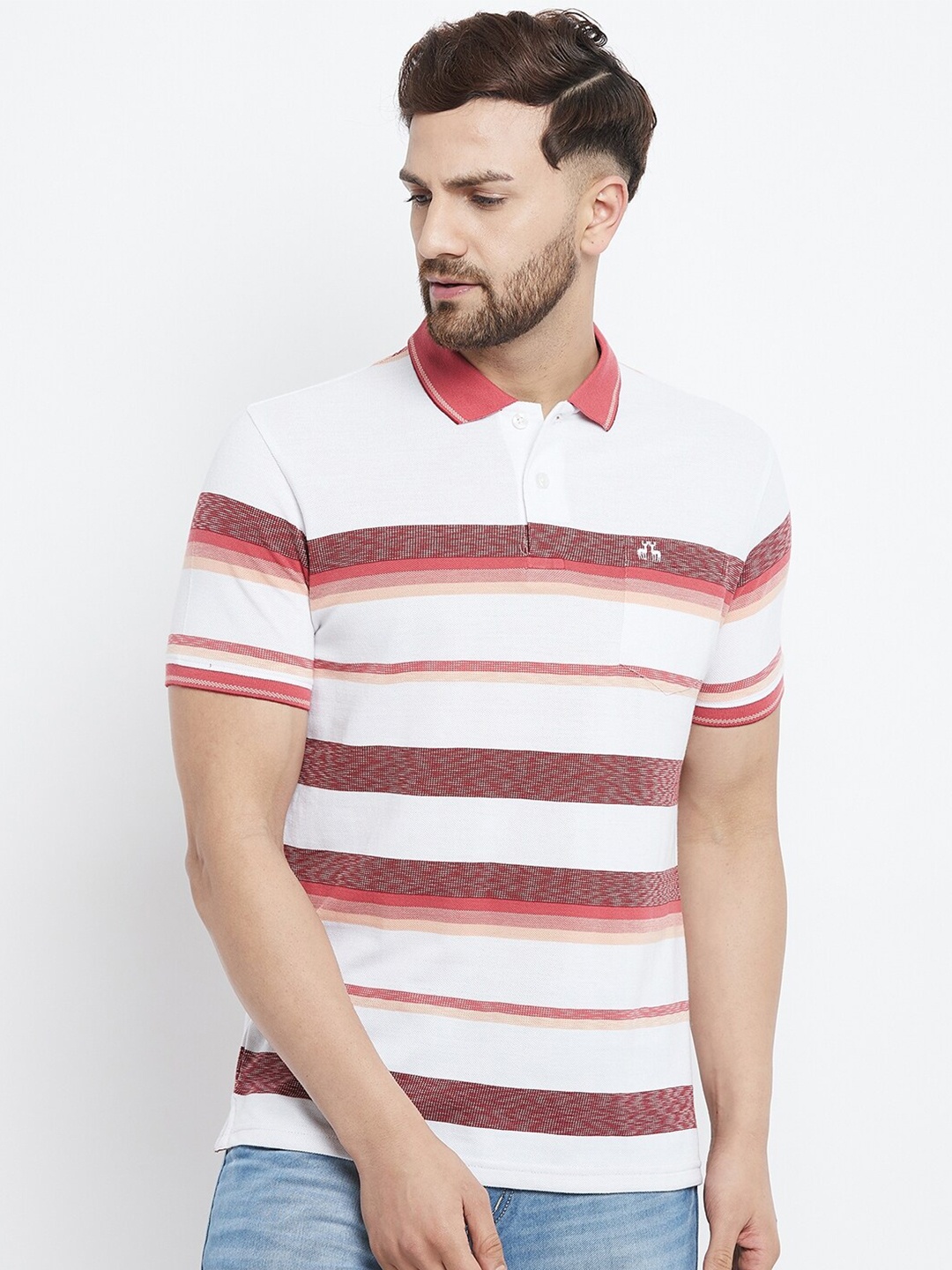 

98 Degree North Men Red Striped Polo Collar T-shirt
