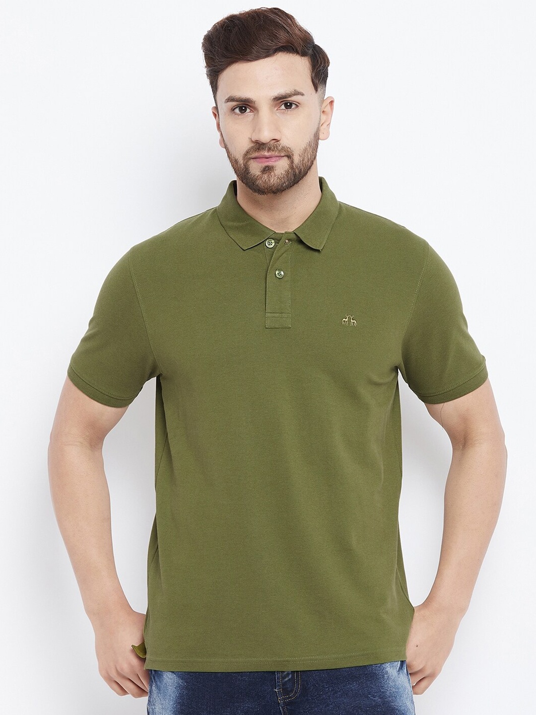 

98 Degree North Men Olive Green Polo Collar Pure Cotton T-shirt