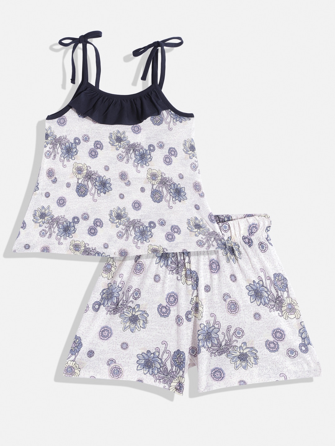 

CrayonFlakes Girls Off White & Blue Printed Top with Shorts