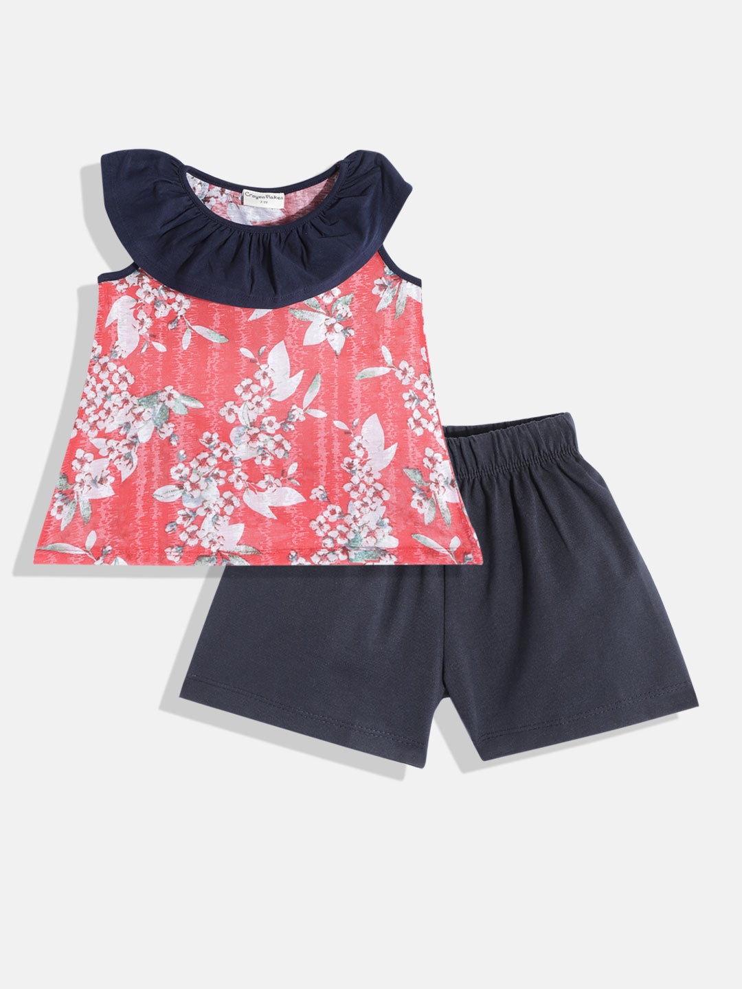 

CrayonFlakes Girls Peach-Coloured & Navy Blue Printed Top with Shorts