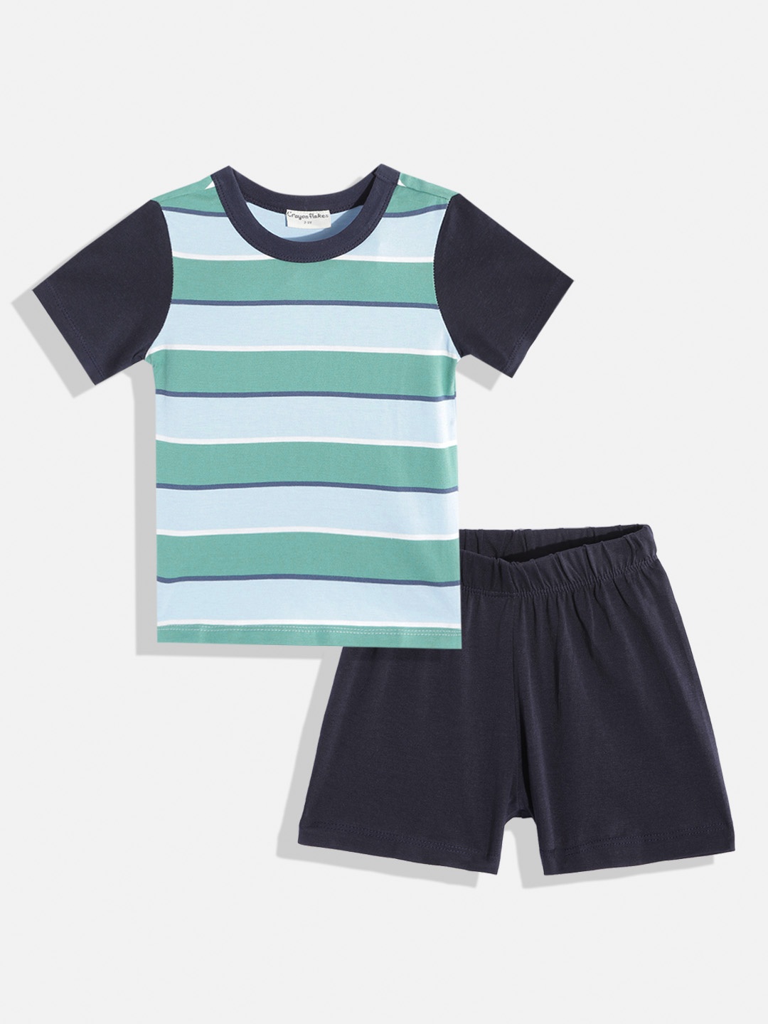 

CrayonFlakes Boys Blue & White Striped T-shirt with Shorts