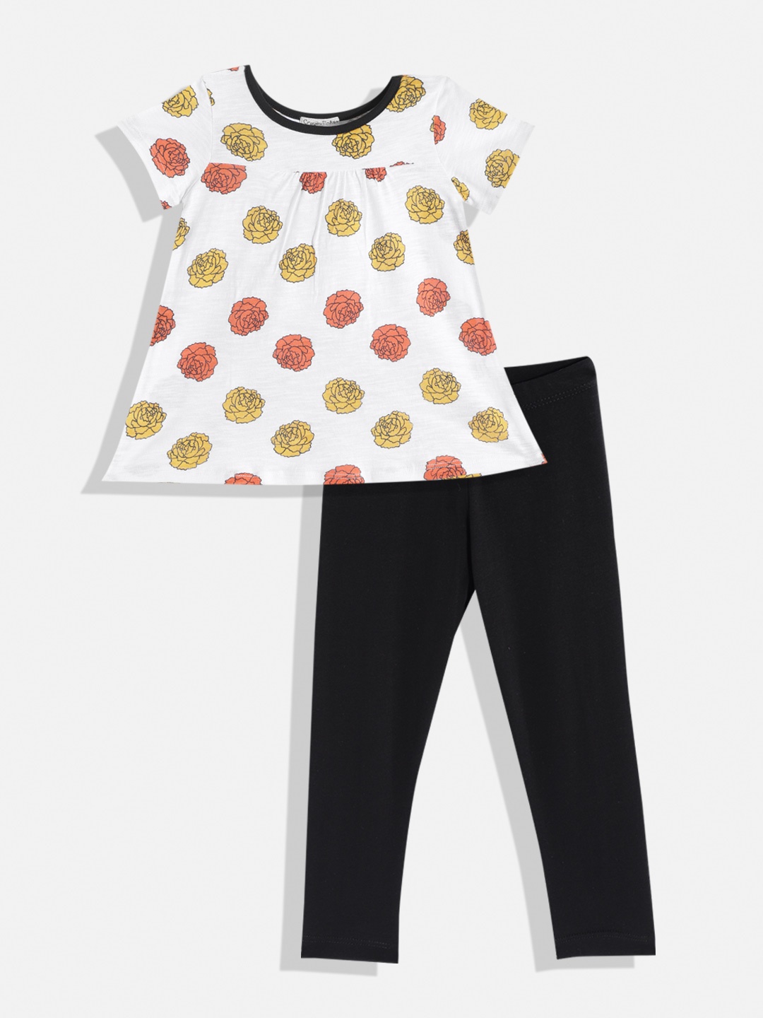 

CrayonFlakes Girls White & Black Printed Top with Leggings