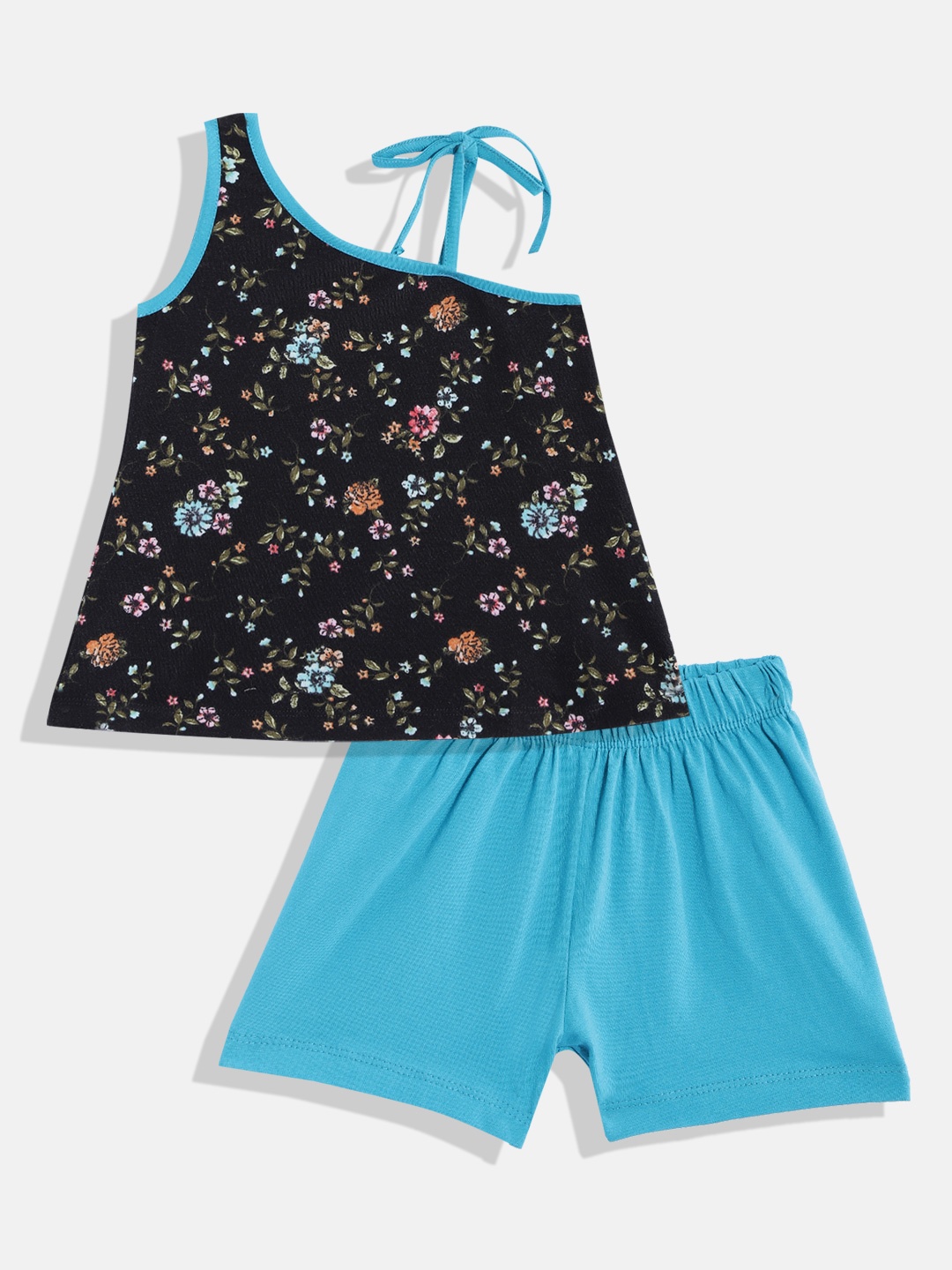 

CrayonFlakes Girls Black & Blue Printed Top with Shorts
