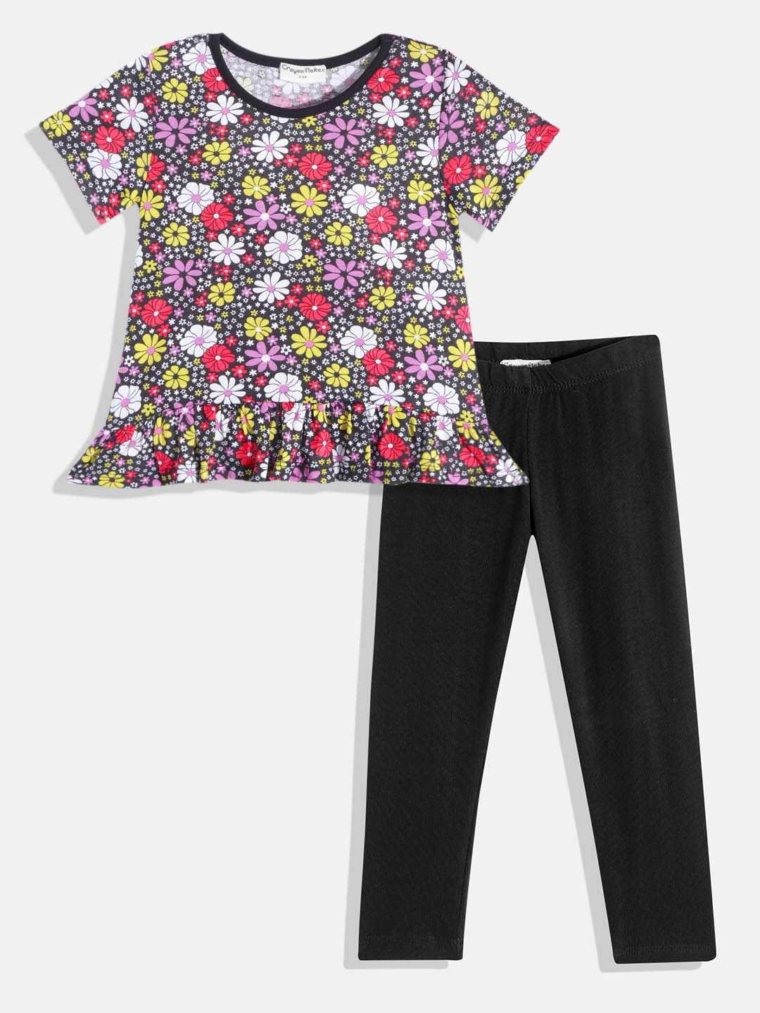 

CrayonFlakes Girls Charcoal & Black Printed Top with Leggings