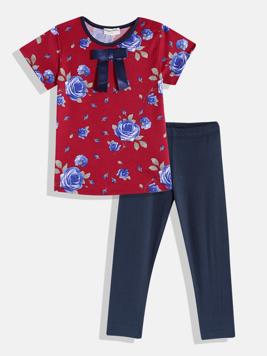 

CrayonFlakes Girls Maroon & Navy Blue Printed Top with Leggings