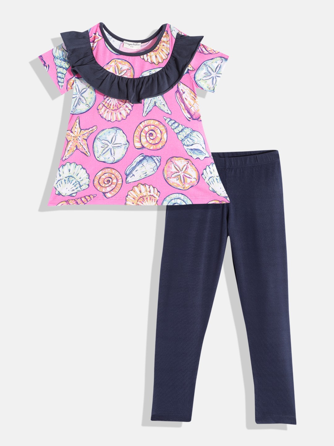 

CrayonFlakes Girls Pink & Navy Blue Printed Top with Leggings