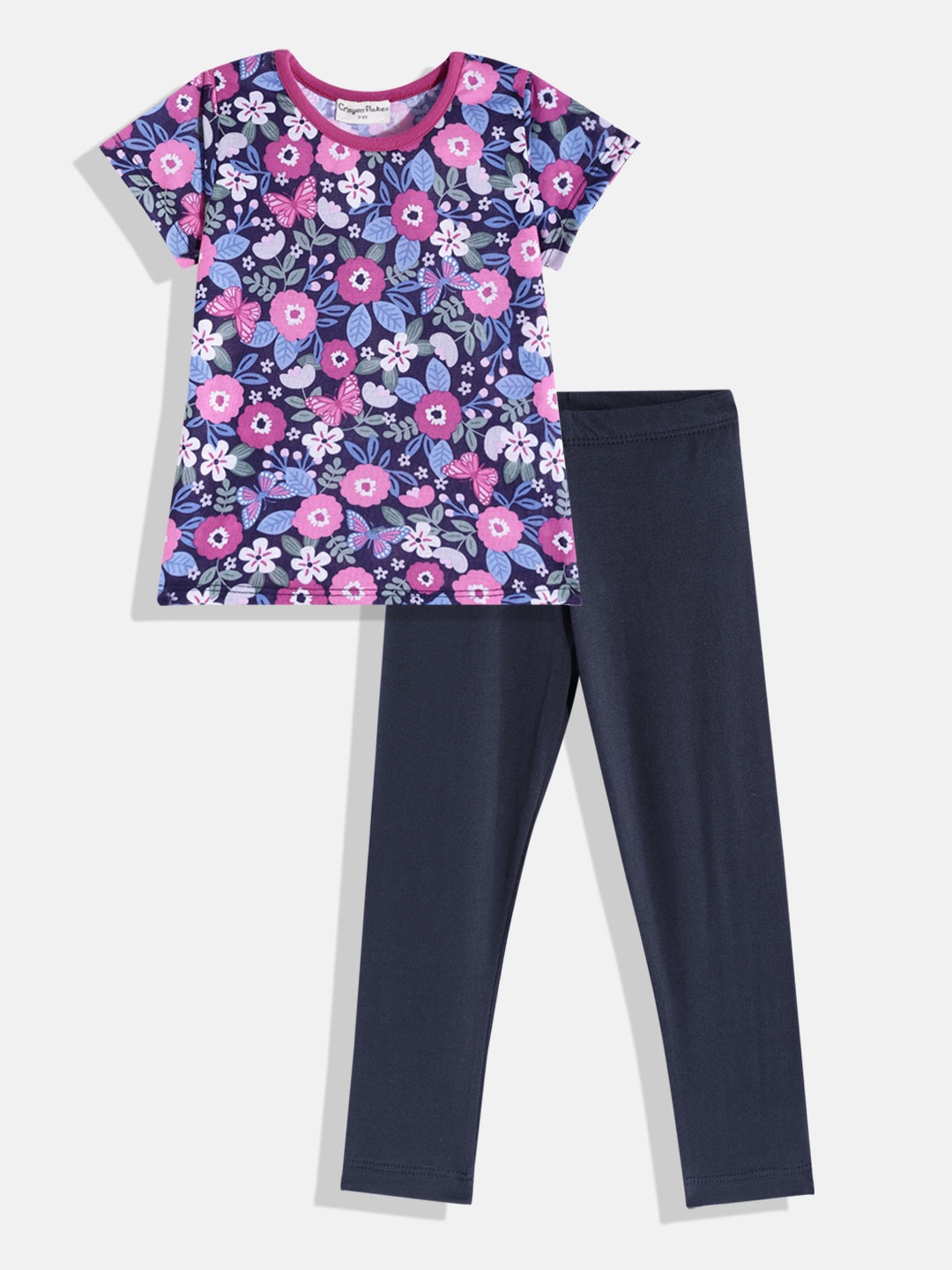 

CrayonFlakes Girls Navy Blue & Pink Floral Printed Co-Ord Set
