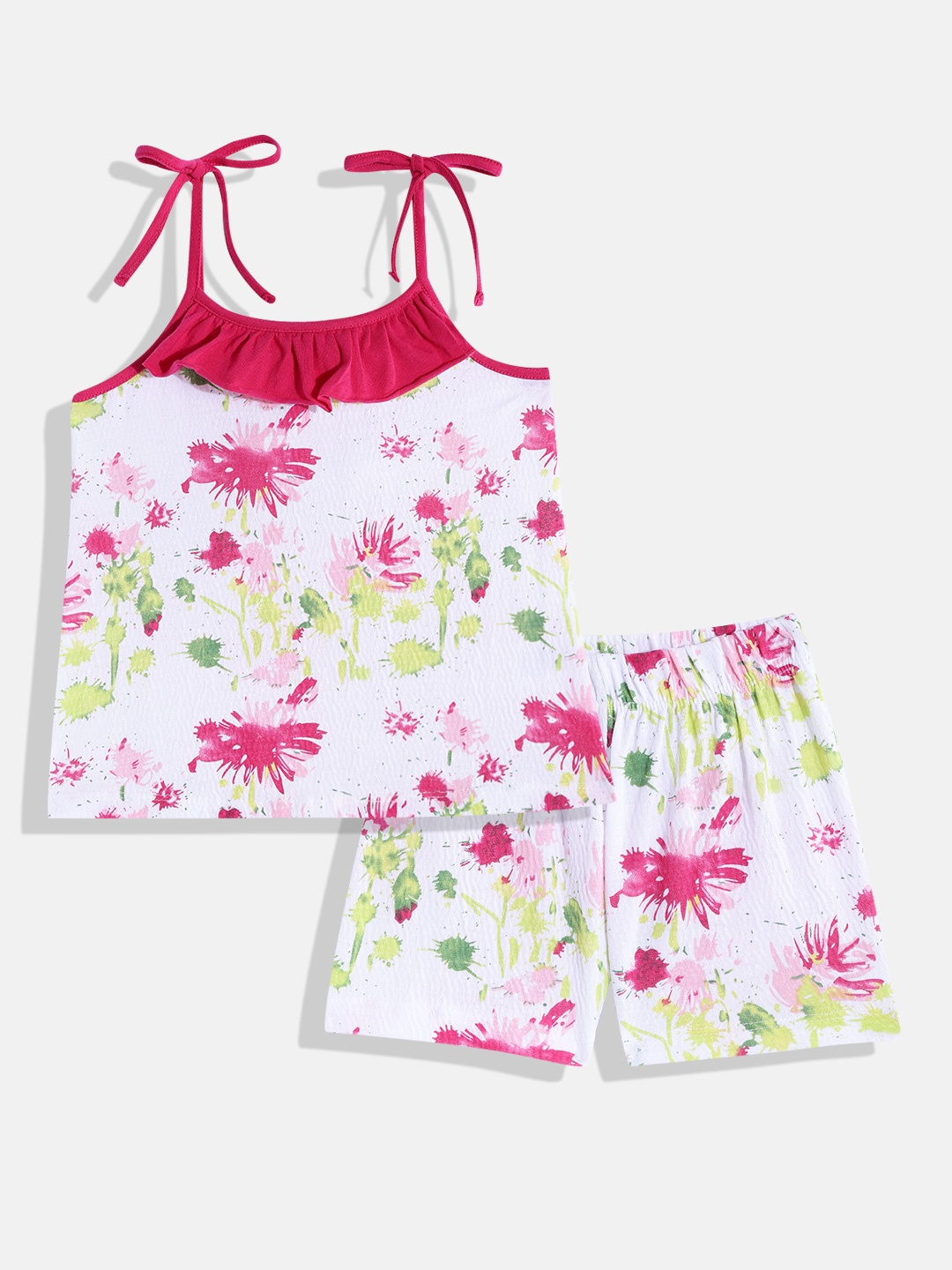 

CrayonFlakes Girls Off White & Pink Pure Cotton Floral Printed Clothing Set